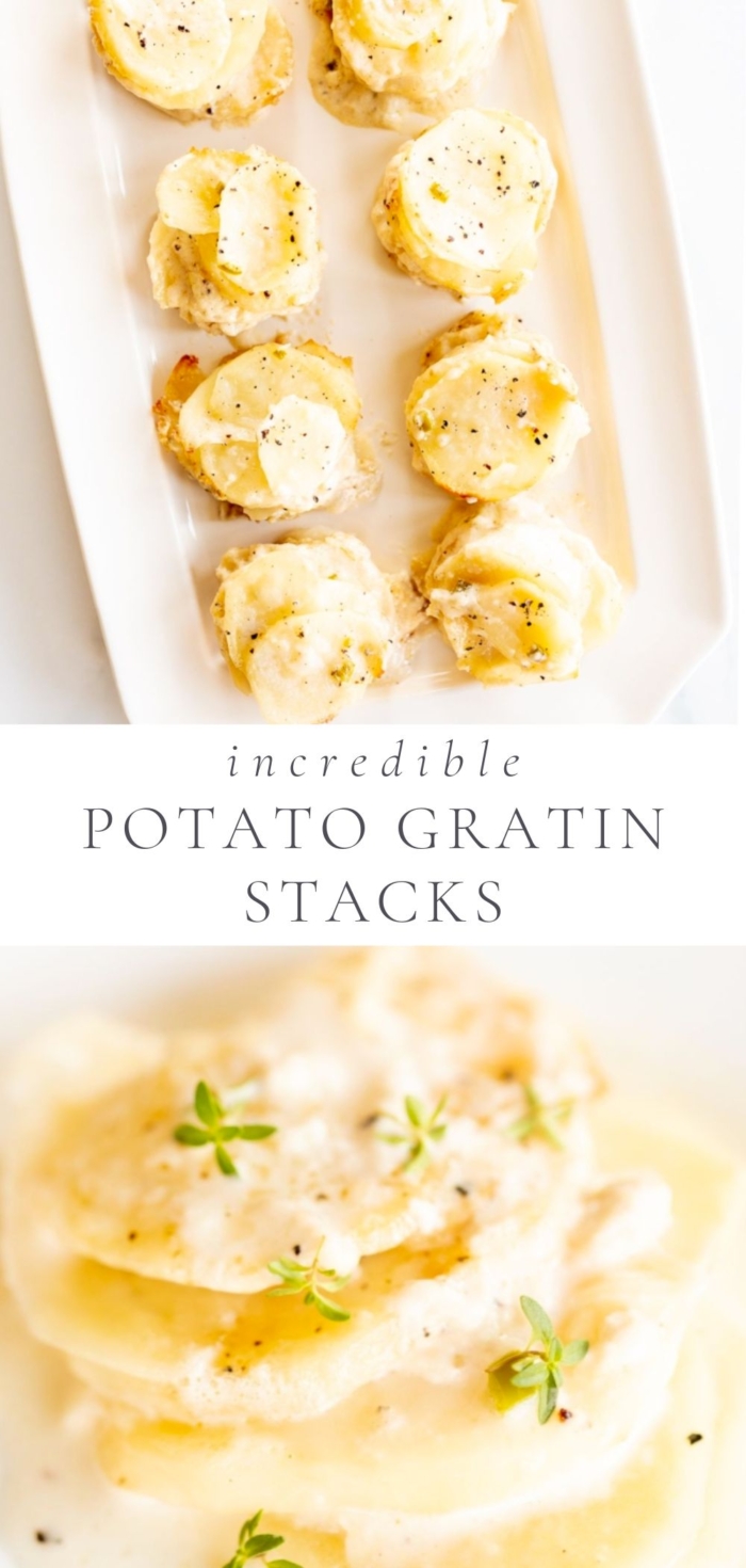 Potato gratin stacks are displayed on a white platter with garnish