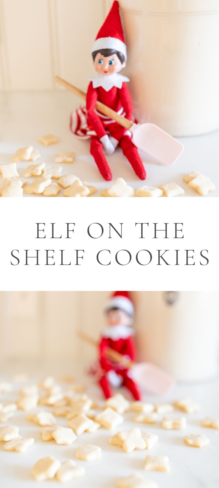 elf on the shelf on kitchen countertop with small cookies and caption "elf on the shelf cookies"