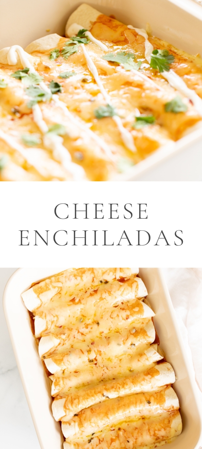 cheese enchiladas in baking pan with caption "cheese enchiladas"