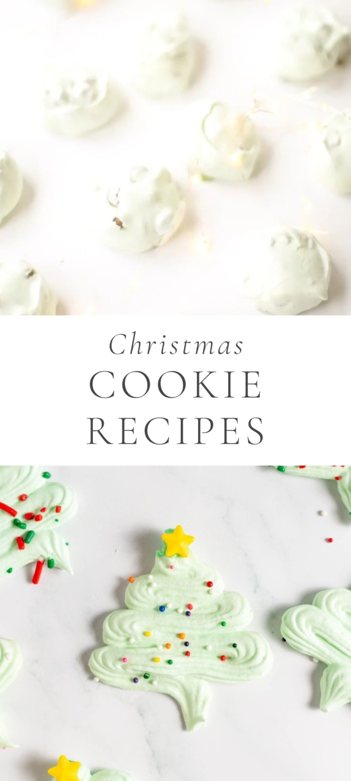 two images with meringue cookies on the top and Christmas tree shaped green cookies on the bottom with caption in the middle saying "Christmas cookie recipes"