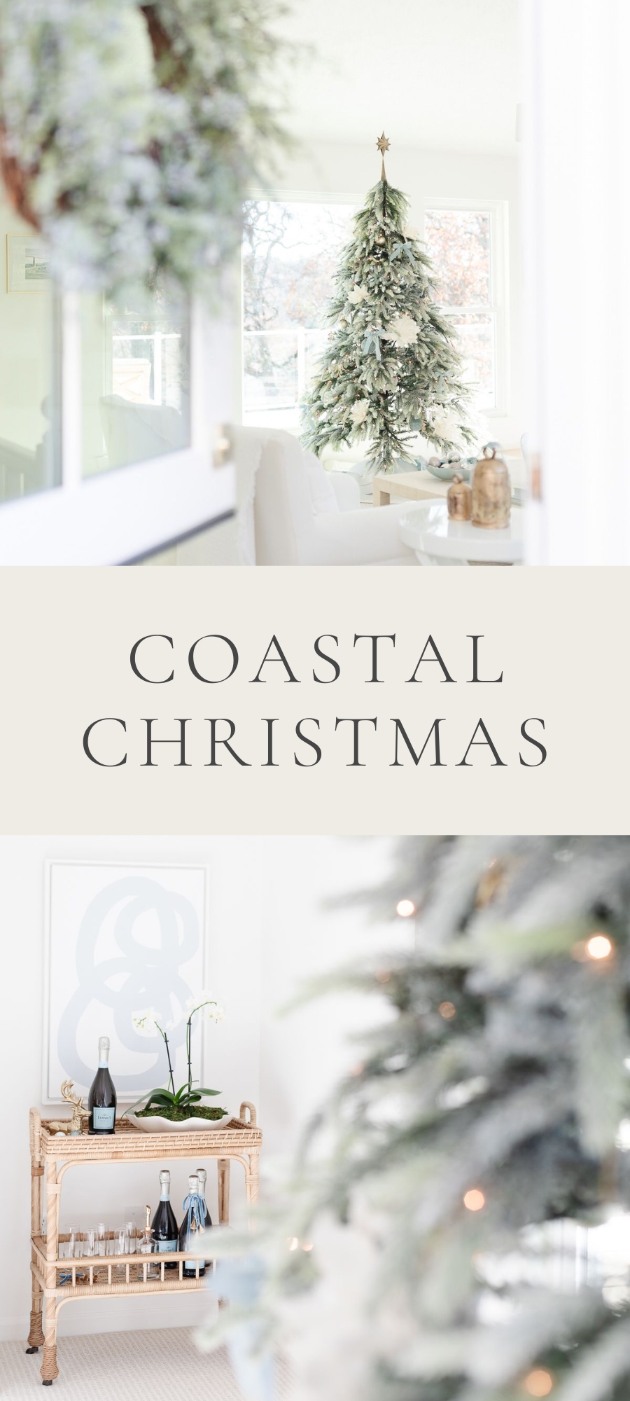 christmas tree with a dutch door opening on the side with a wreath and a bar cart with bottles and decor with caption "coastal christmas"