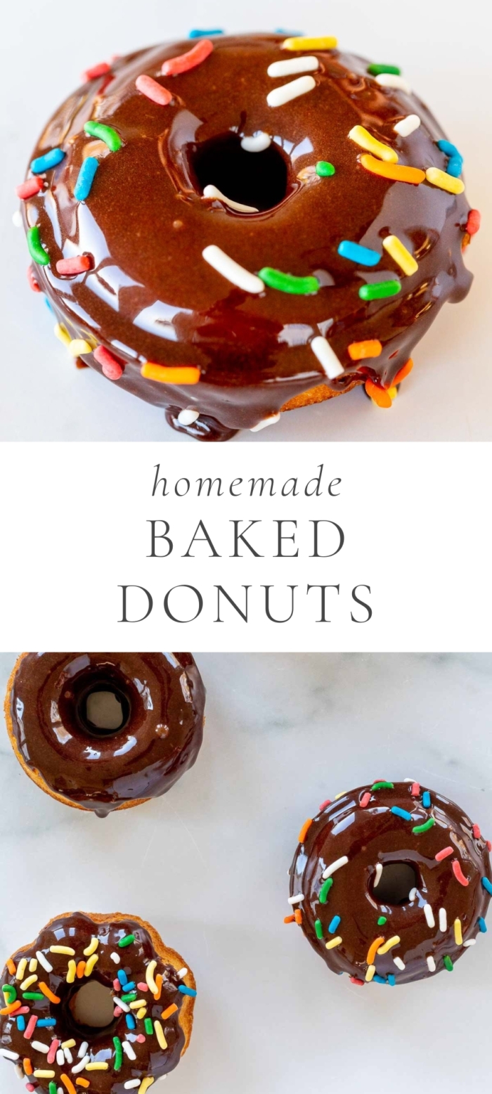 baked donuts with chocolate glazed and sprinkles on table with caption "homemade baked donuts"