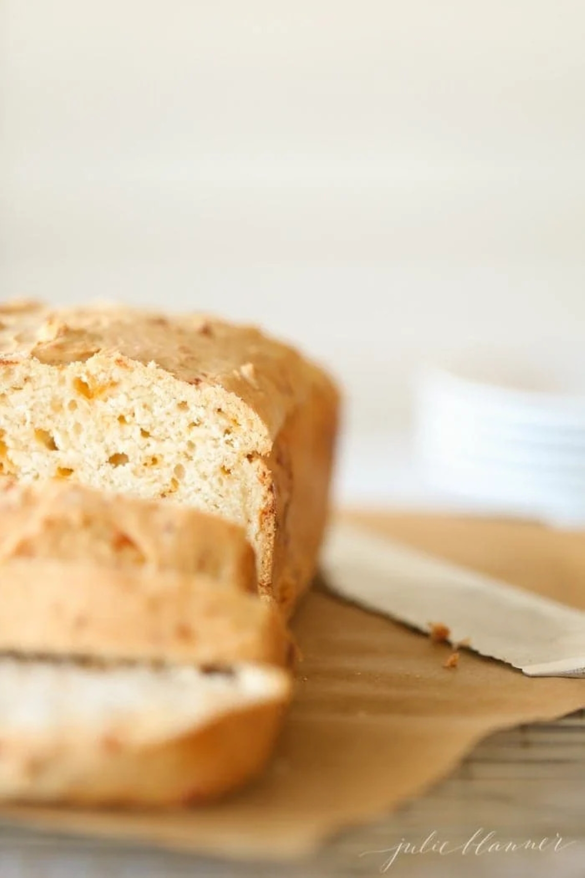 A photo of cheddar beer bread, sliced