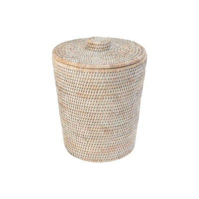 A white rattan laundry basket, perfect for storage containers, on a white background.