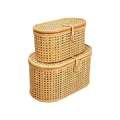 Two rattan storage containers on a white background.