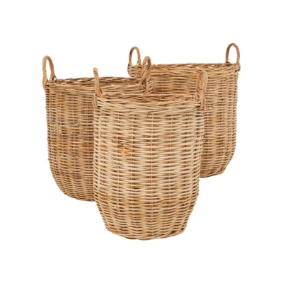 Three wicker storage containers with handles on a white background.