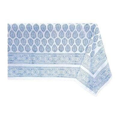 A blue and white block print tablecloth 