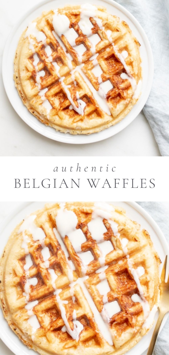 Plated Authentic Belgian Waffles on a white plate on the counter