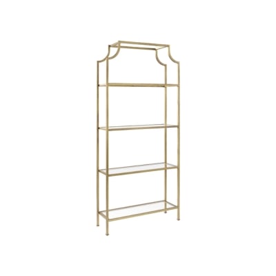 A gold bookcase available on Amazon with glass shelves.