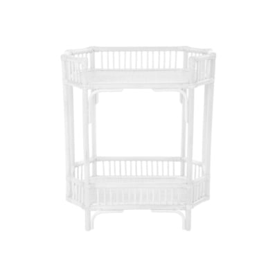         A white rattan bar cart available on Amazon.