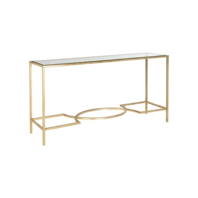 A gold console table with a glass top available for purchase on Amazon.