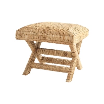 A rattan foot stool with a wooden frame available on Amazon.
