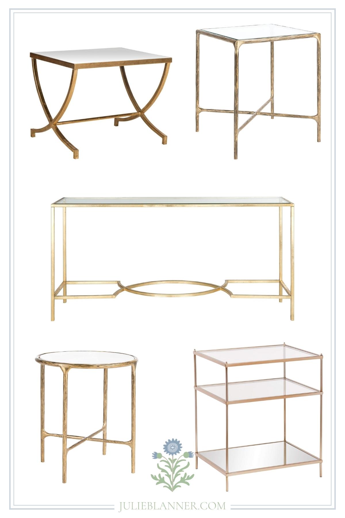 A graphic image featuring a variety of gold amazon furniture
