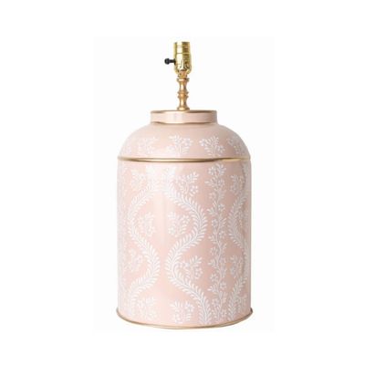 a pink and white block print lamp 