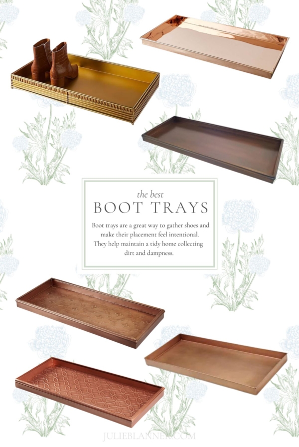A graphic image with a variety of metal boot trays featured. Title reads "The Best Boot Trays" and image is attributed to www.julieblanner.com at the base of graphic.