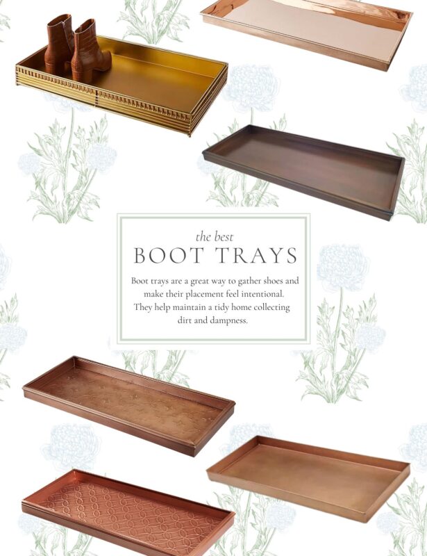 A graphic image with a variety of metal boot trays featured. Title reads "The Best Boot Trays" and image is attributed to www.julieblanner.com at the base of graphic.
