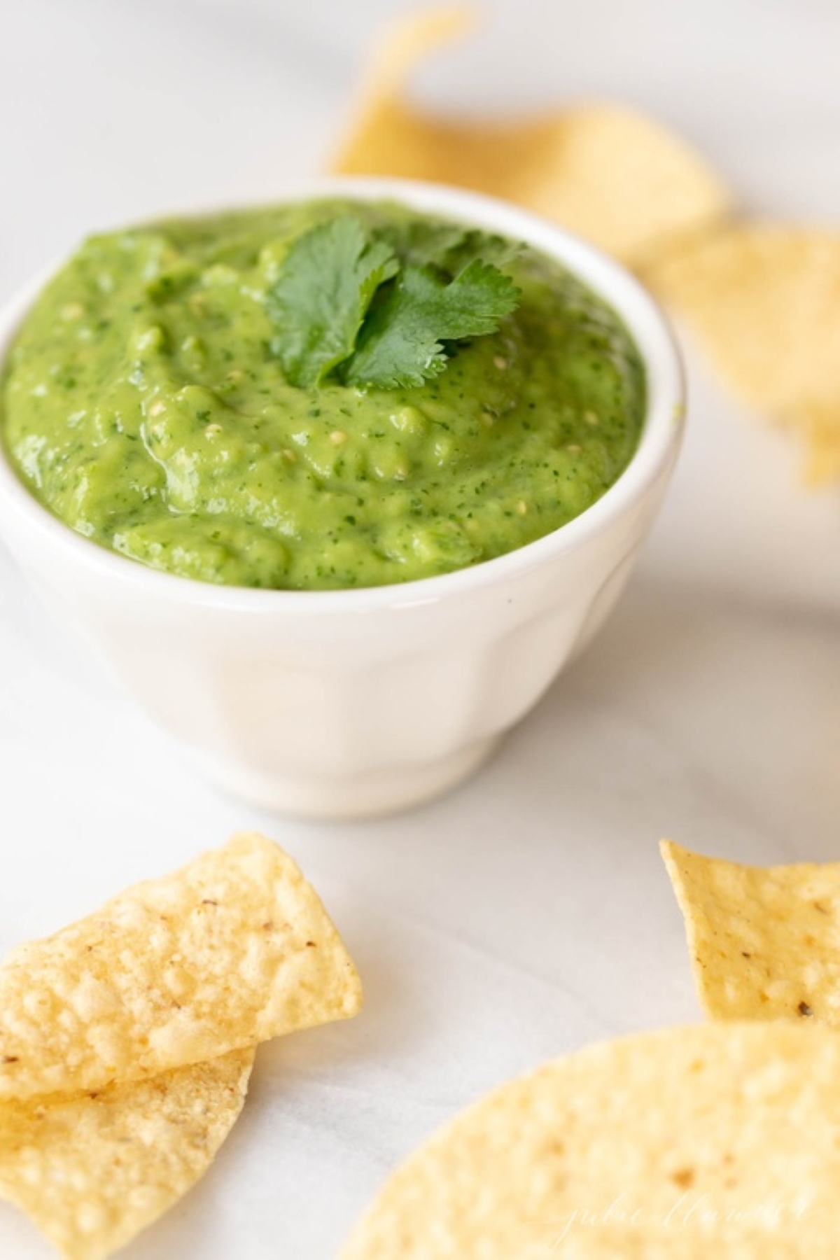 A white bowl of avocado sauce, tortilla chips scattered around.