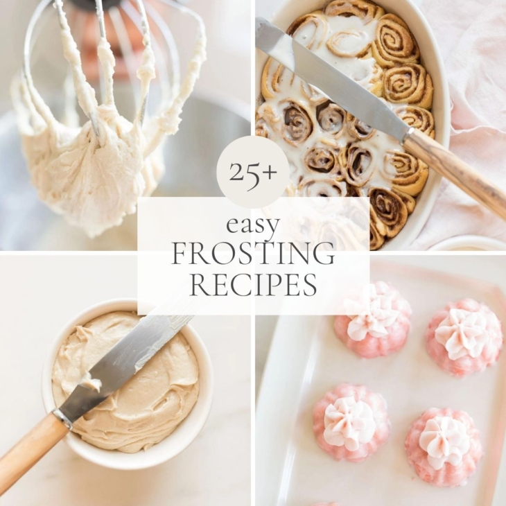 Four images of various frosting recipes, with a title in the center that reads 