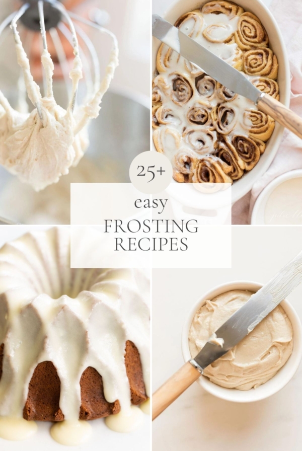 Four images of various frosting recipes, with a title in the center that reads "25 easy frosting recipes"