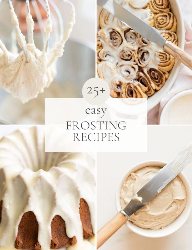 Four images of various frosting recipes, with a title in the center that reads "25 easy frosting recipes"