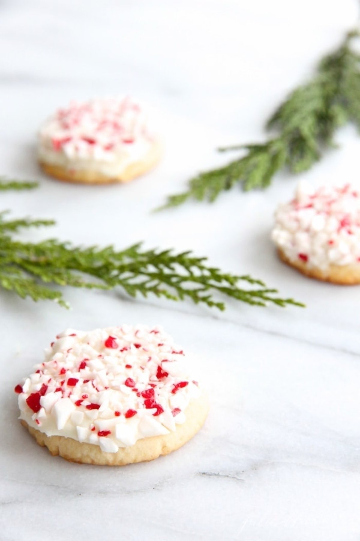 Cookies with peppermint frosting on a marble countertop, touches of cedar surrounding. 