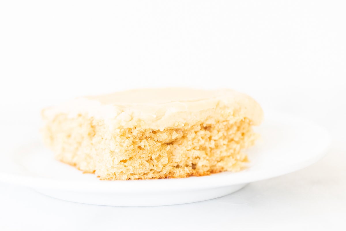 A slice of frosted peanut butter cake on a white plate against a bright white background.
