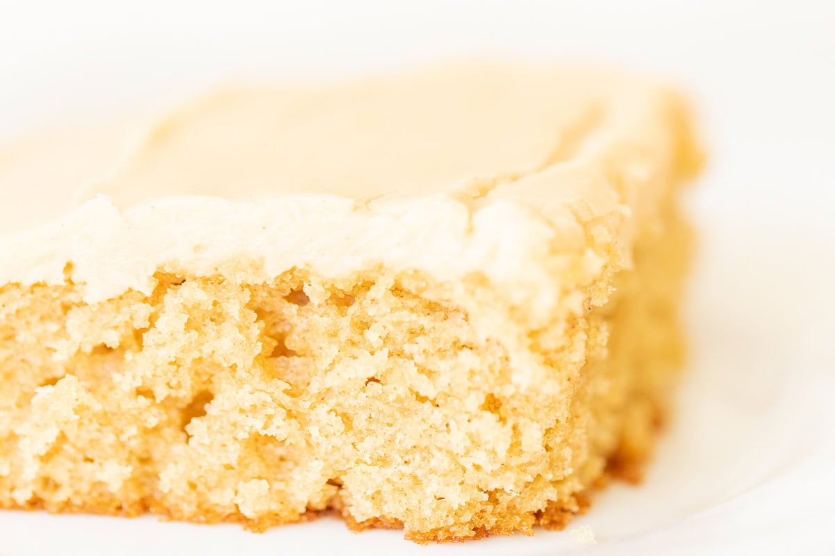 Close-up of a slice of moist peanut butter cake with creamy frosting on a white plate.