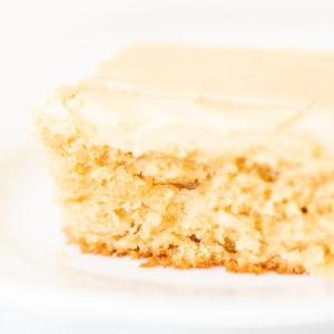 A slice of frosted peanut butter cake on a white plate against a bright white background.
