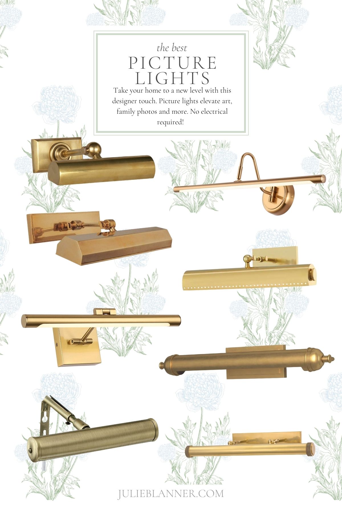 A graphic image with a floral background, showcasing a variety of brass picture lights. Title reads "the best picture lights". 