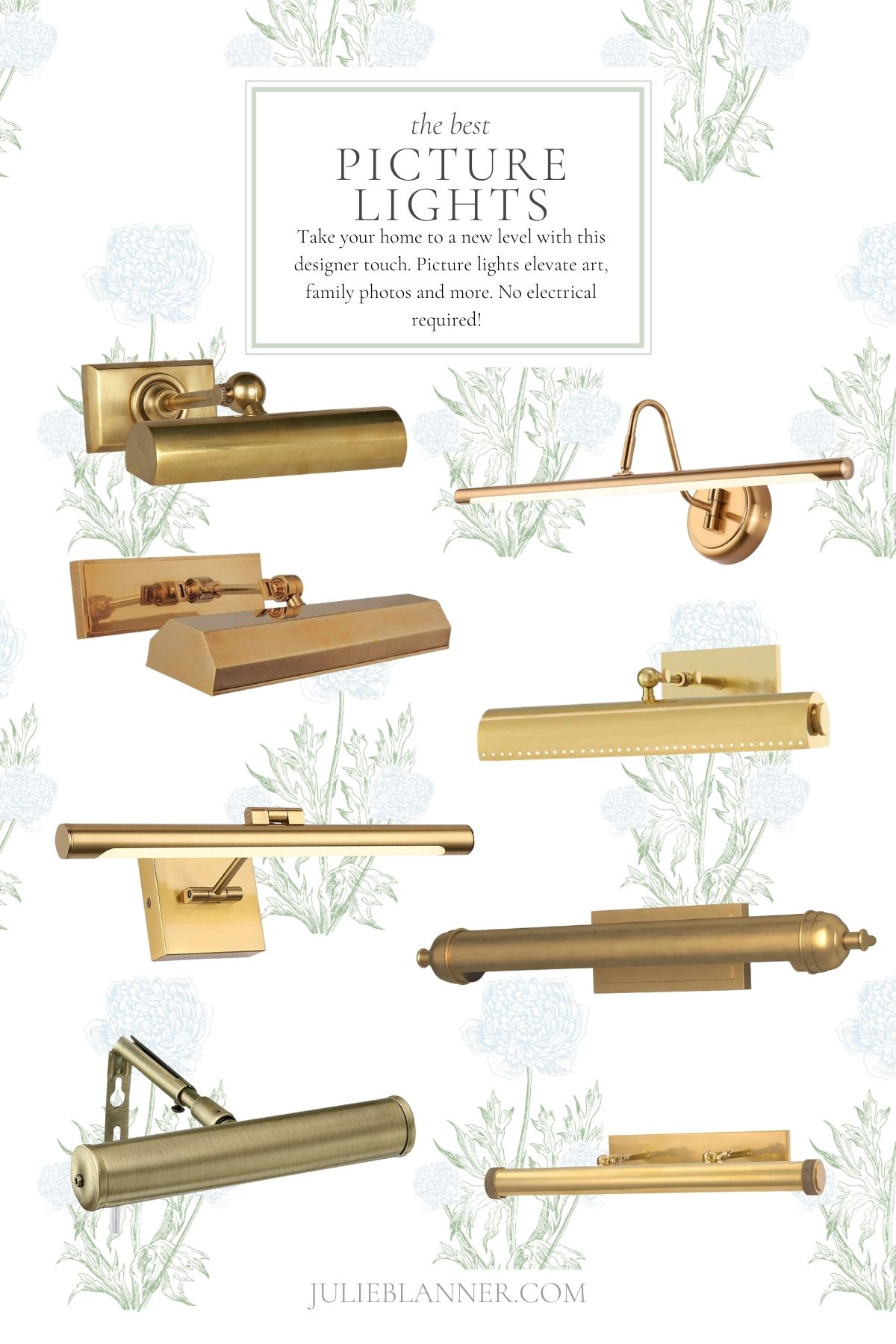 A graphic image with a floral background, showcasing a variety of brass picture lights. Title reads 