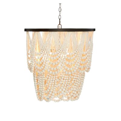 A white beaded chandelier from Pottery Barn