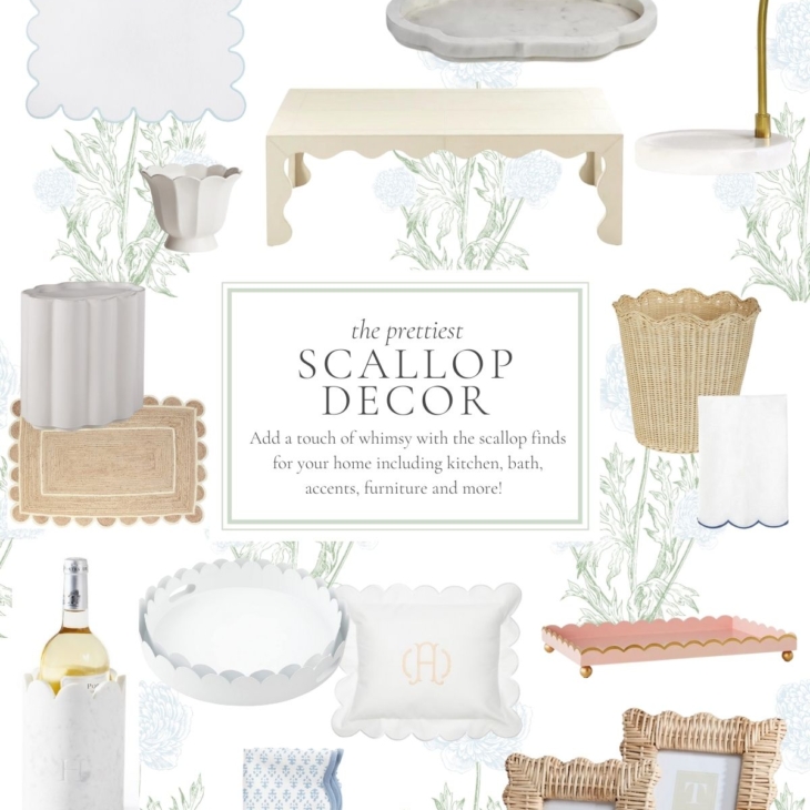 A graphic with a floral background, full of images of scalloped decor items.