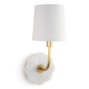 A gold and white sconce with a scalloped, white shade.
