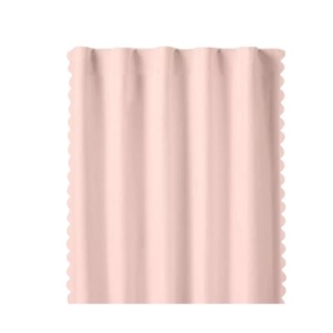 A pink curtain with scalloped decor at the edge.