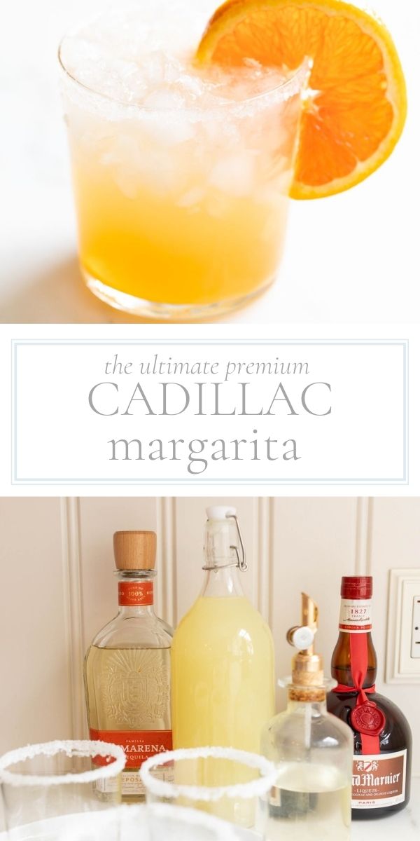 Top of post is a small glass with a orange-color margarita inside and garnished with orange slice on side of glass. Middle of post is wording "the ultimate premium Cadillac margarita.' Bottom of post are bottles of liquor and other ingredients along with two empty glasses rimmed with salt.