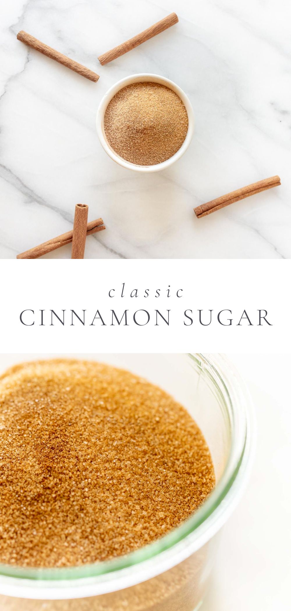 Classic Cinnamon sugar is pictured in a round glass dish on a marble counter.