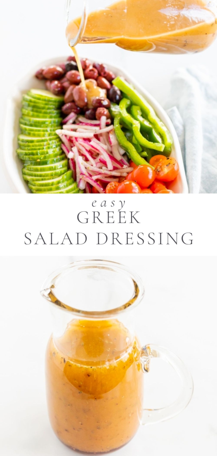 A small glass pitcher full of homemade Greek Salad dressing, on a white countertop.