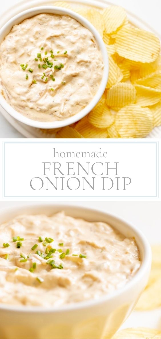 Homemade french onion dip is pictured in a white bowl surrounded by potato chips on a marble counter.