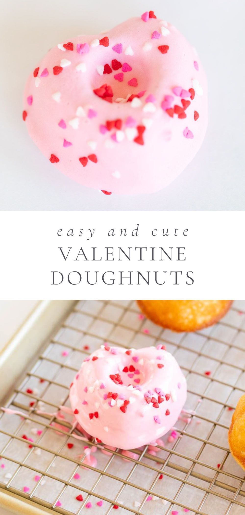 two pictures of heart shaped doughnuts with pink icing