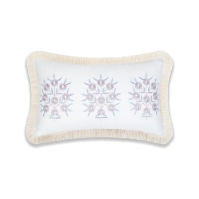 This pillow cover features a white and blue design with fringe trim, perfect for adding a touch of style to your living room or bedroom.