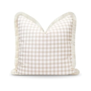 Beige and white gingham pillow with a ruffled edge, perfect for adding style to your Amazon pillow covers.