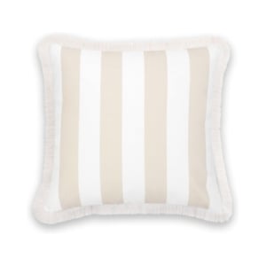 This beige and white striped pillow comes with fringe trim, perfect for adding a touch of elegance to your decor. Made from high-quality materials, this pillow is suitable for use in any room of the house