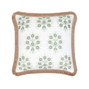 This white and green pillow with fringe trim is perfect for adding a touch of elegance to your space. Check out this stylish option on Amazon.