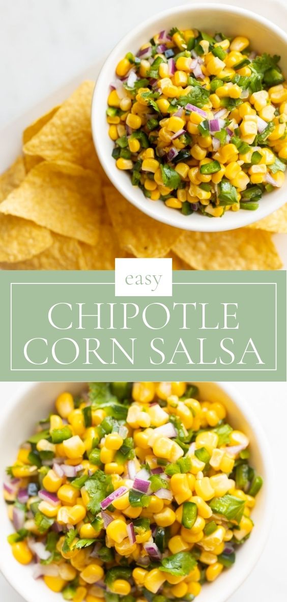 Easy Chipotle Corn Salsa is in a white bowl, surrounded by tortilla chips, on a marble counter top.