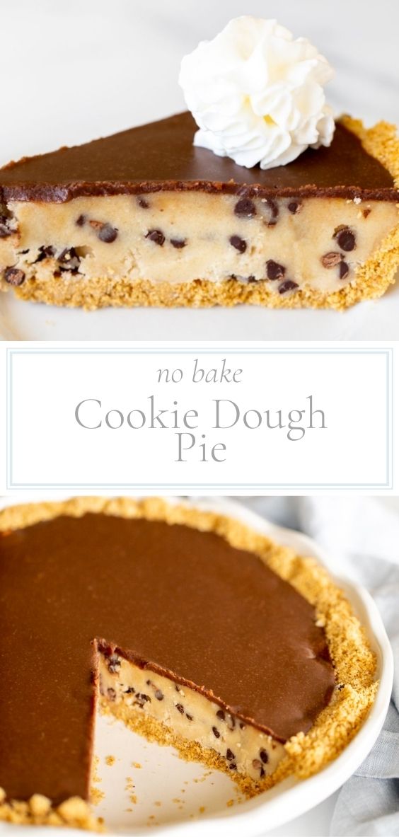 A cookie dough pie is pictured on a marble counter as a slice and a whole with a slice removed.