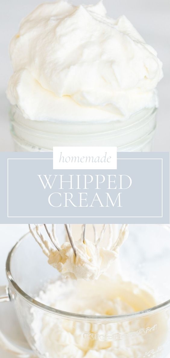 Title Cover Page. On top, image is a clear jar containing a dollop of whipped cream. Middle has a grey banner that says homemade whipped cream, and the bottom pictures a clear mixing bowl of whipped cream and a mixer whisk attachment with whipped cream on it.