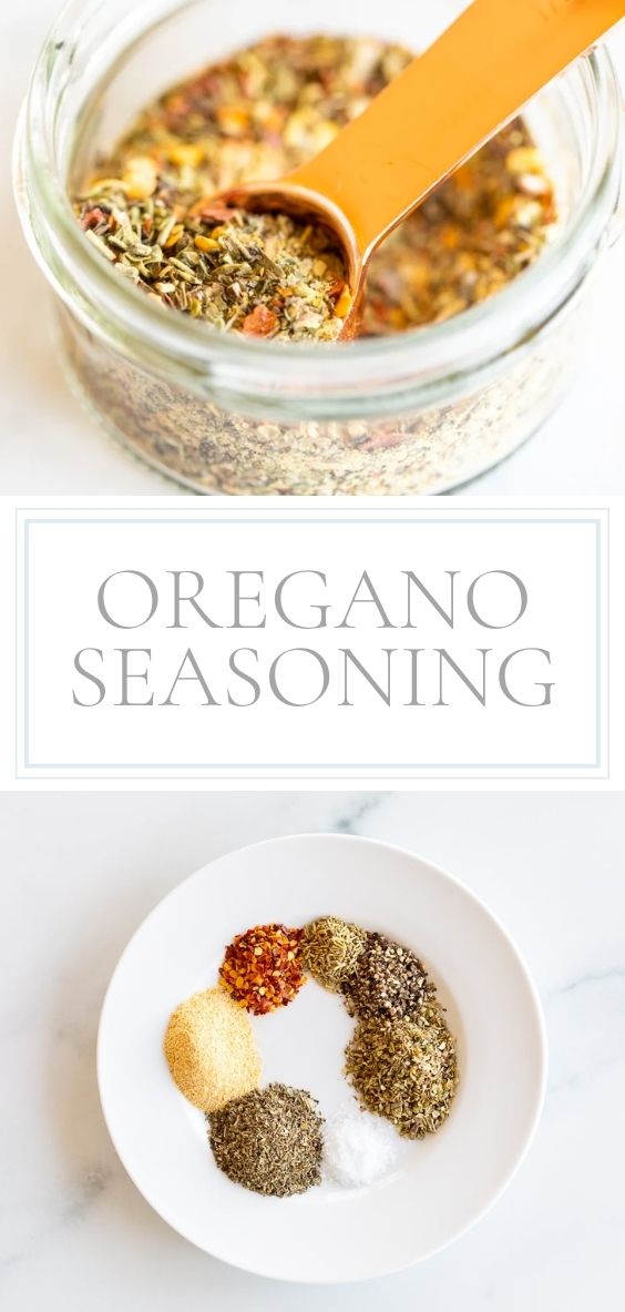 Title Page for Oregano Seasoning Recipe. Top picture shows a round glass jar of oregano seasoning and the bottom photo shows a round white plate of various seasonings.