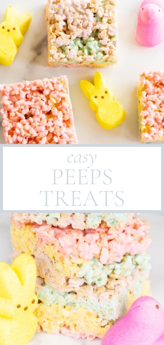On a marble counter top, there are marshmallow treats made form peeps and several peeps.