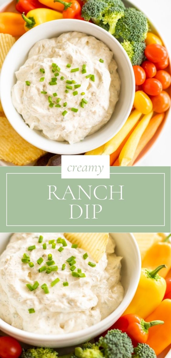 Lifting ridged potato chip from ranch dip in bowl set on serving platter with veggies.