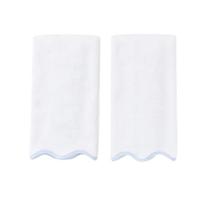 Two white and blue scalloped hand towels